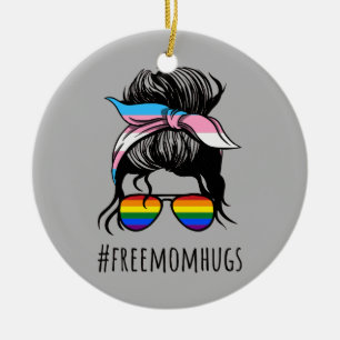 Free Mom Hugs IV - Messy Bun Rainbow Gay Trans Ceramic Ornament