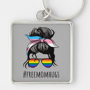Free Mom Hugs IV - Messy Bun Rainbow Gay Trans Keychain