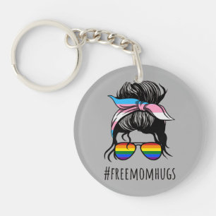 Free Mom Hugs IV - Messy Bun Rainbow Gay Trans Keychain