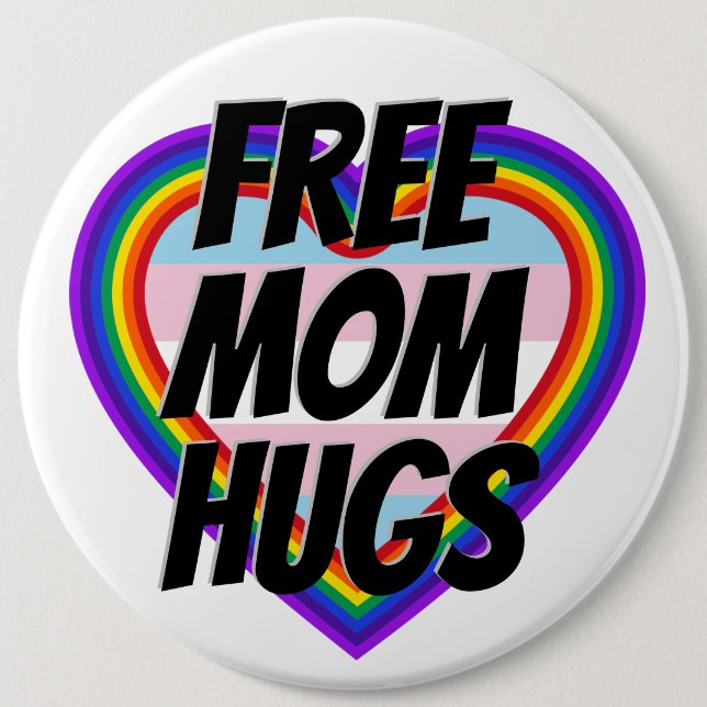 Free Mom Hugs LGBT Pride Rainbow Heart Button (Front)