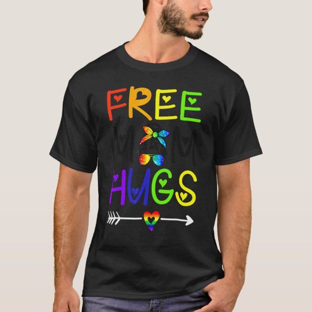 Free Mom Hugs Messy Bun Rainbow Heart Lgbt Pride M T-Shirt (Front)