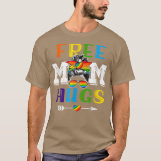 Free Mom Hugs messy bun Rainbow Heart LGBT Pride M T-Shirt