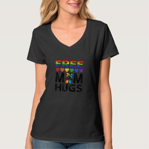 Free Mom Hugs Messy Bun Rainbow Lgbt Pride Month T_Shirt