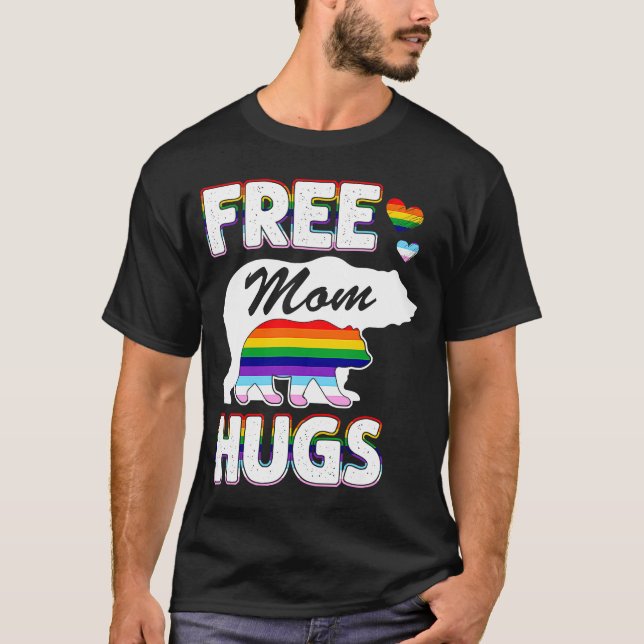 Free Mom Hugs Rainbow Gray Pride LGBT T-Shirt (Front)