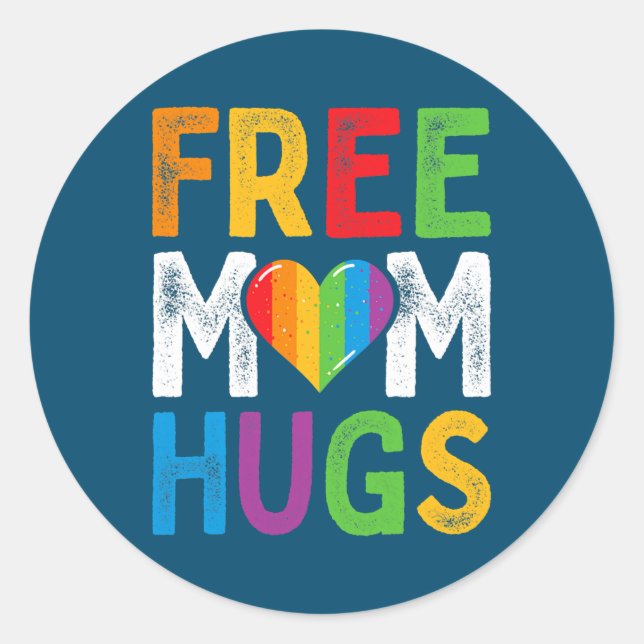 Free Mom Hugs Rainbow Heart LGBT Ally Pride Month Classic Round Sticker (Front)