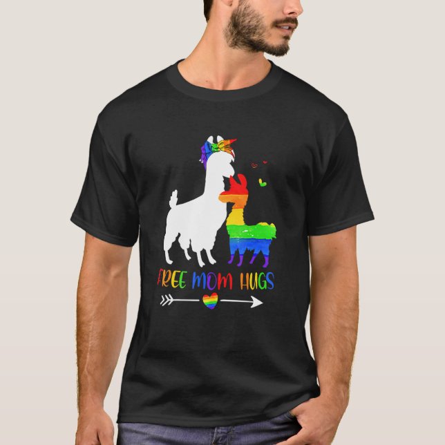 Free Mom Hugs Rainbow Heart Mama Llama Lgbt Pride  T-Shirt (Front)