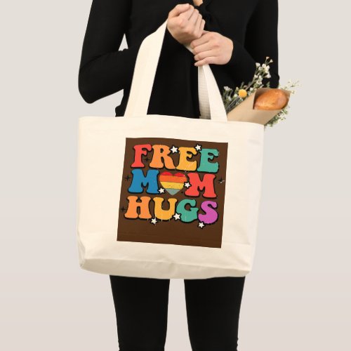 Free Mom Hugs retro Rainbow Heart retro LGBT Large Tote Bag