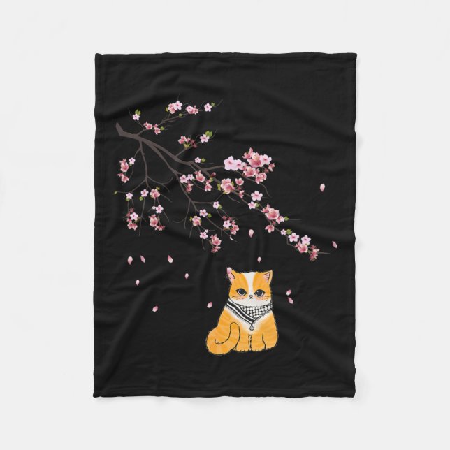 Free Palestine Cute Cat Cherry Blossom Sakura Flow Fleece Blanket (Front)