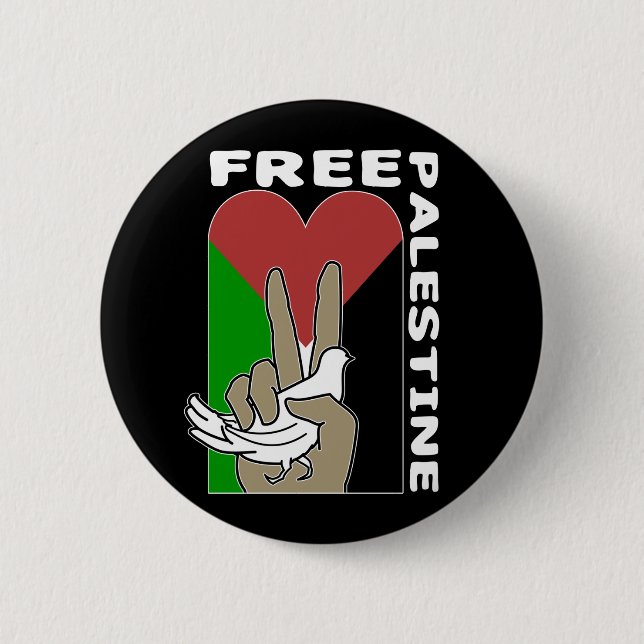 Free Palestine Dove Heart Peace Sign Black Button (Front)