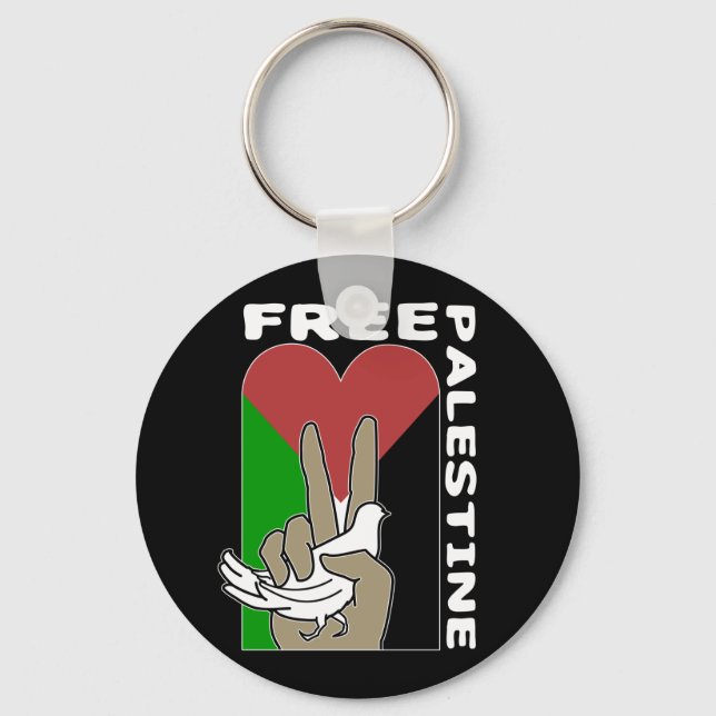 Free Palestine Dove Heart Peace Sign Black Keychain (Front)