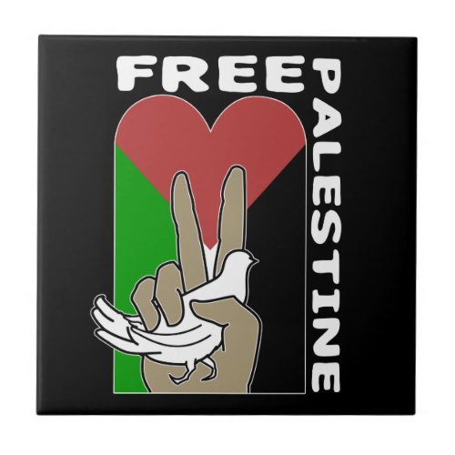 Free Palestine Dove Heart Peace Sign Black Tile