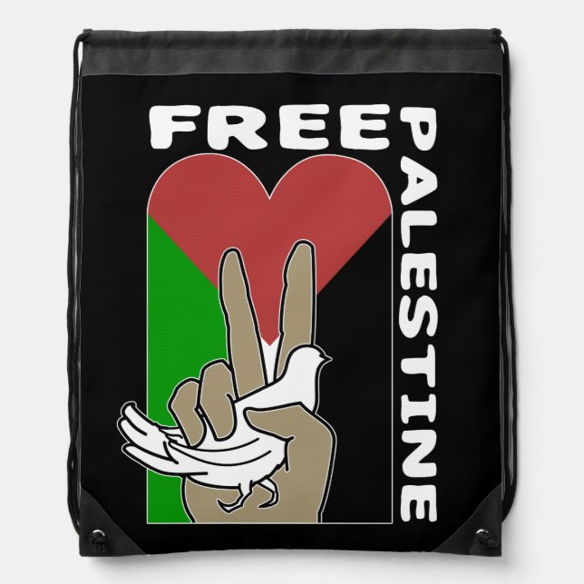 Free Palestine Dove Heart Peace Sign Drawstring Bag (Front)