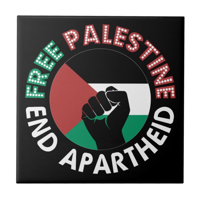 Free Palestine End Apartheid Flag Fist Black Ceramic Tile (Front)