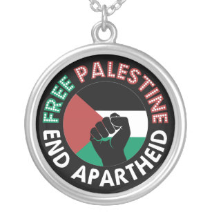 Free Palestine End Apartheid Flag Fist Black Silver Plated Necklace