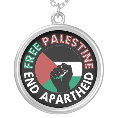 Free Palestine End Apartheid Flag Fist Black Silver Plated Necklace