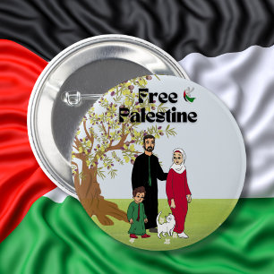 Free Palestine Flag Dove Olive Tree Family Cat Button
