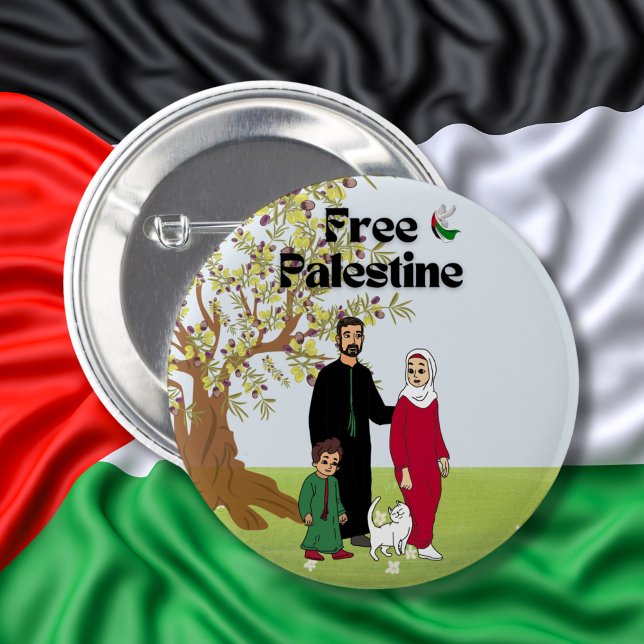 Free Palestine Flag Dove Olive Tree Family Cat Button (Creator Uploaded)