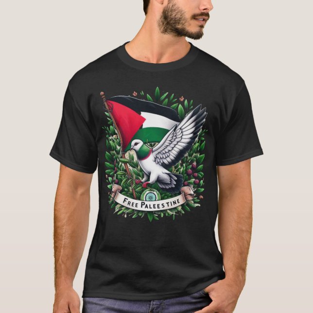 Free Palestine Flag, Pigeon holding Olive leaf T-Shirt (Front)