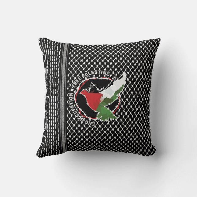 Free Palestine Freedom Flag Kufiya Hatta Pattern Throw Pillow (Back)