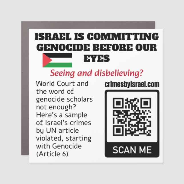 FREE PALESTINE - Israel Crimes UN Article QR Code Car Magnet (Front)