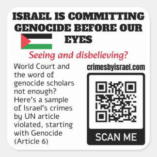FREE PALESTINE - Israel Crimes UN Article QR Code Square Sticker