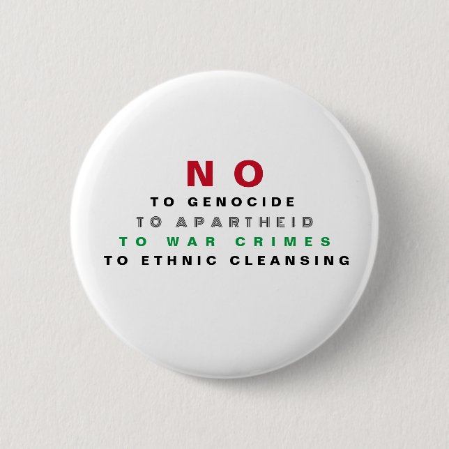 FREE PALESTINE NO TO GENOCIDE APARTHEID WAR CRIMES BUTTON (Front)