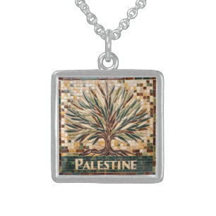 FREE PALESTINE olives branches mosaic 100% Sterling Silver Necklace