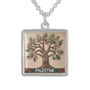 FREE PALESTINE olives branches mosaic print 100% Sterling Silver Necklace