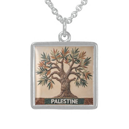 FREE PALESTINE olives branches mosaic print 100% Sterling Silver Necklace