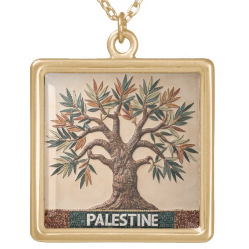 FREE PALESTINE olives branches mosaic print Gold Plated Necklace