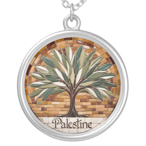 FREE PALESTINE olives branches mosaic print Silver Plated Necklace