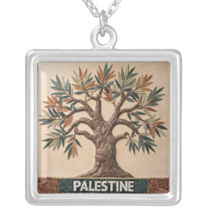 FREE PALESTINE olives branches mosaic print Silver Plated Necklace