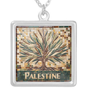 FREE PALESTINE olives branches mosaic print Silver Plated Necklace