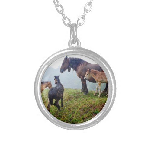 Free range horses silver plated necklace