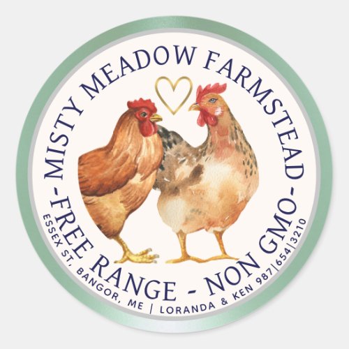 Free Range Watercolor Hens Gold Heart Egg Carton   Classic Round Sticker