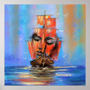 Free Sailing Sailboat Lady - Original Art Painting Poster