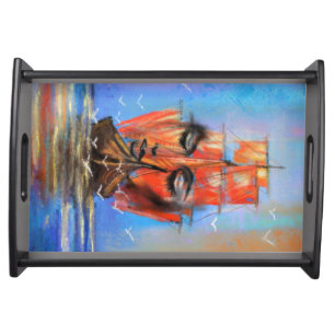 Free Sailing Sailboat Lady - Original Art Painting Serving Tray