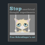 Free Schrodinger's Cat Postcard<br><div class="desc">Cartoon rendering of  a cat behind bars with the joke: Stop unethical thought experiments,  Free Schrodinger's Cat.</div>
