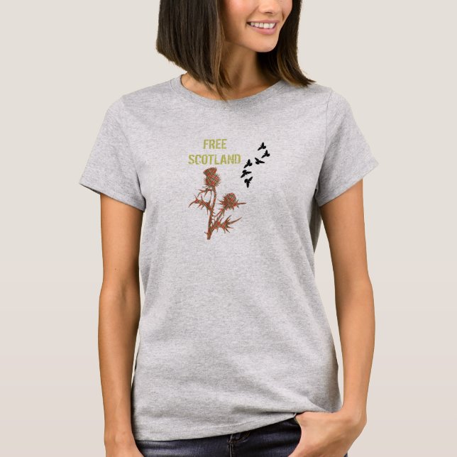 Free Scotland Tartan Thistle Bird T-Shirt (Front)