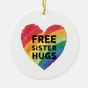 Free Sister Hugs LGBT Gay Lesbian Pride Month Rain Ceramic Ornament