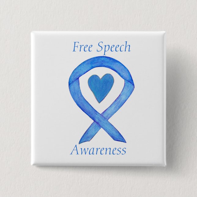 Free Speech Blue Awareness Ribbon Heart Button (Front)