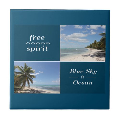 Free Spirit _ Blue Sky and Ocean Caribbean Collage Ceramic Tile