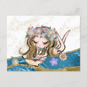 *~* Free Spirit Flower Child Reading Gold Blue Postcard