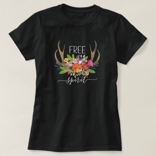 Free Spirit Modern Boho Chic Flowers Antlers  T_Shirt