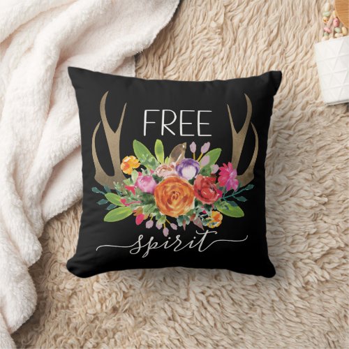 Free Spirit Modern Boho Chic Flowers Antlers Throw Pillow