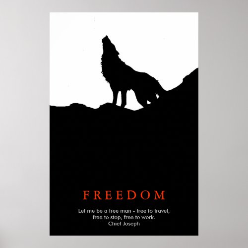 Free Spirit Motivational Wolf on Hill Black White Poster