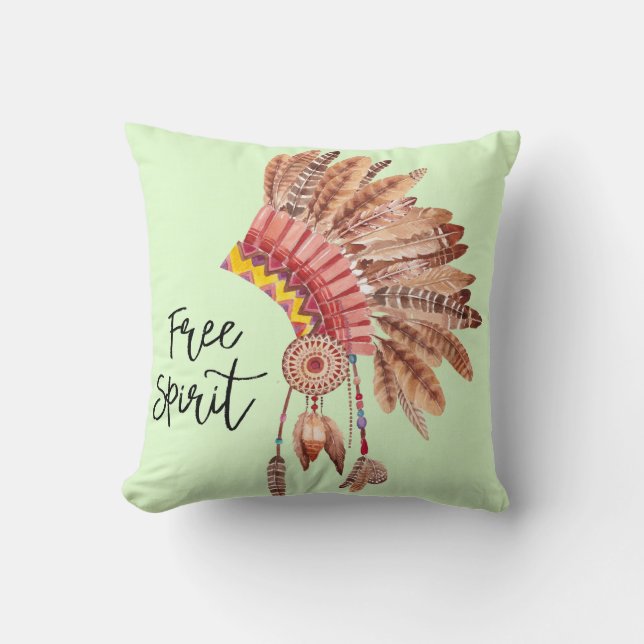 Free Spirit Native American Feather Headdress Throw Pillow (Front)