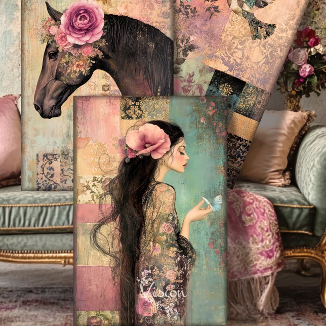 Free Spirit Romantic Core HEAVYWEIGHT DECOUPAGE Wrapping Paper Sheets (Poster Size Canvases with vibrant Boho Patchwork Colour against a mint sage velvet couch)