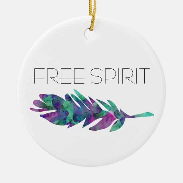 Free Spirit Watercolor Feather Ceramic Ornament (Front)