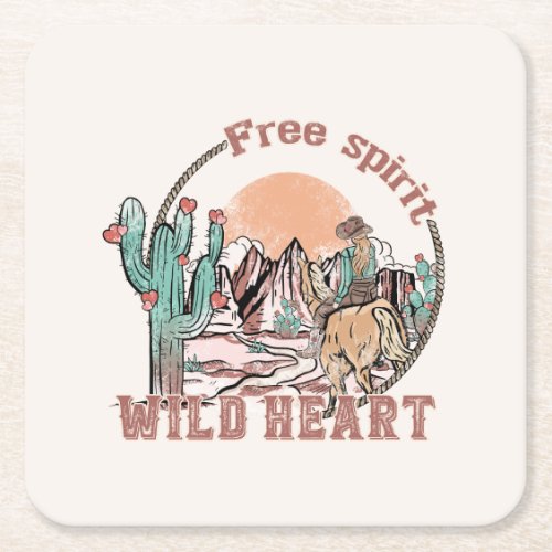 Free Spirit Wild Heart  Western Country Square Paper Coaster